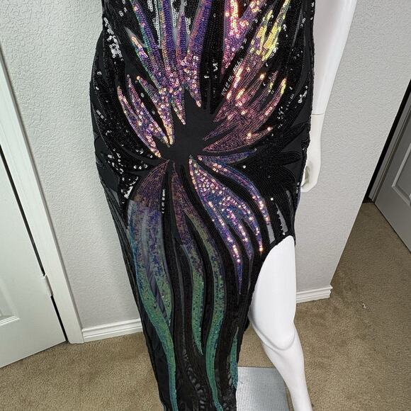 Fashion Nova Maxi Gown Rare Find Sequin Mesh Glam Mermaid Deco Siren Size L - Picture 9 of 9
